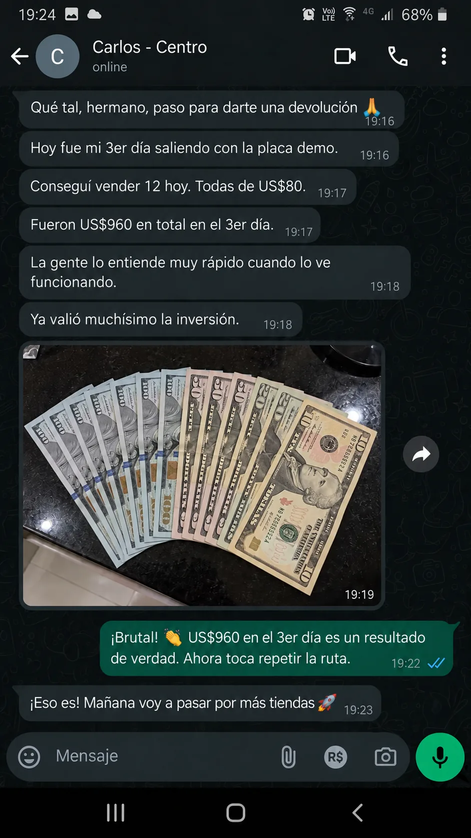 Relato de Carlos mostrando o resultado de vendas de plaquinhas