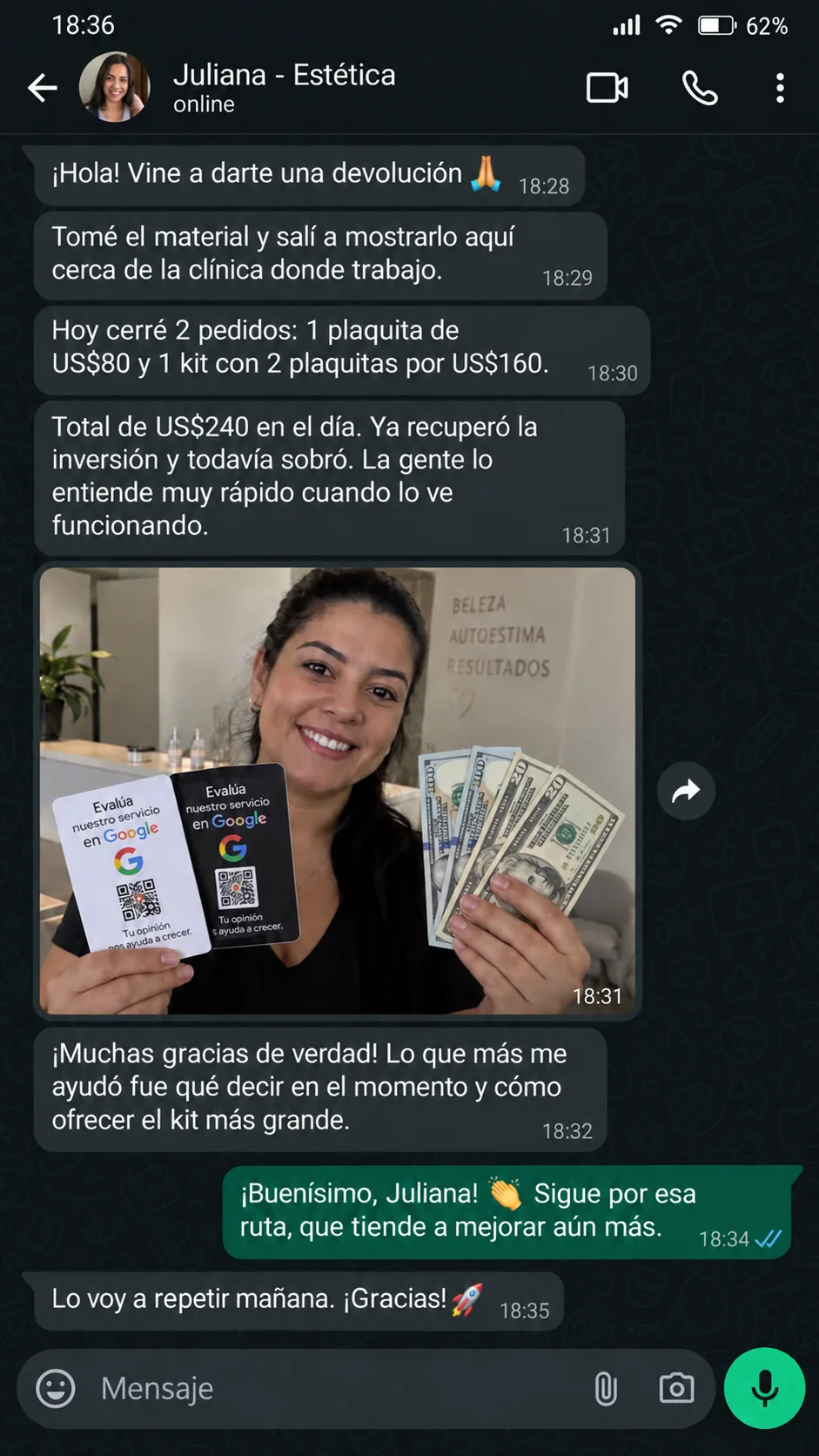 Relato de Juliana, da área de estética, mostrando plaquinhas e dinheiro