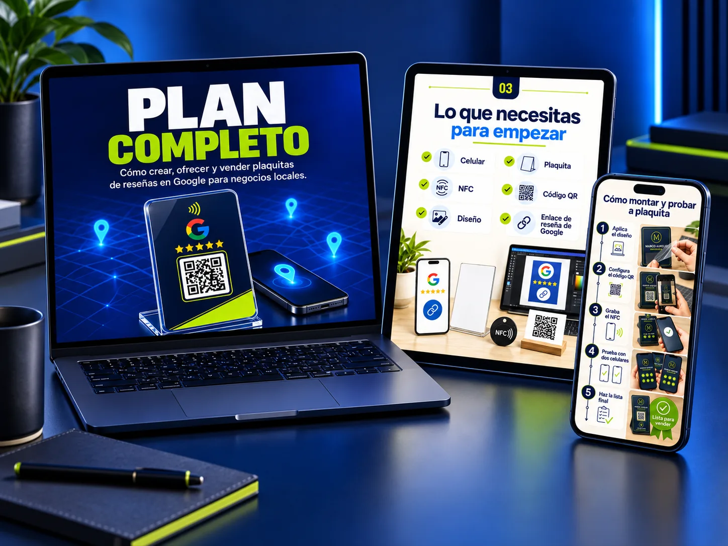 Plano completo exibido em notebook, tablet e celular